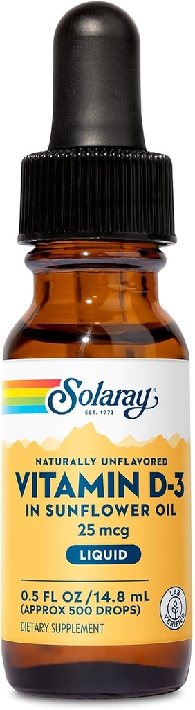 SOLARAY Vitamin D3 Liquid Drops 25 mcg (1000 IU) - Enhanced Absorption Vitamin D Drops in Sunflower Oil for VIT D3 Support - Naturally Unflavored, Dropper Included - Approx. 500 Servings, 0.5oz