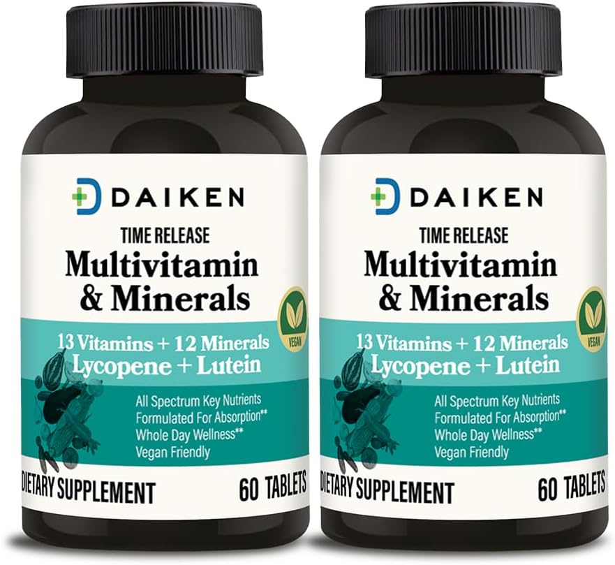 DAIKEN Mini Multivitamin, 60 Tablets, Enhanced with Lutein, Lycopene & Folic Acid, Time Released Multivitamin for Women & Men, Vegan & Easy to Swallow (Pack of 2)