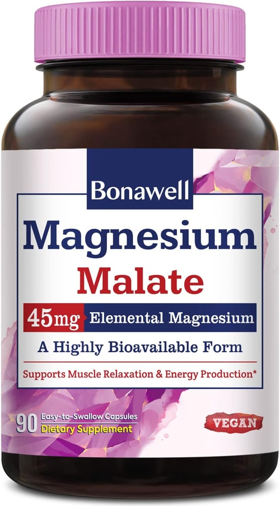 Malate de magnésium Bonawell, collé à l'acide malique, haute absorption, 45mg Magnésium élémentaire, relaxation musculaire et production d'énergie, bouchons faciles à avaler, pas de soja et laiterie gluten, végétalien et non OGM, 90 Cts