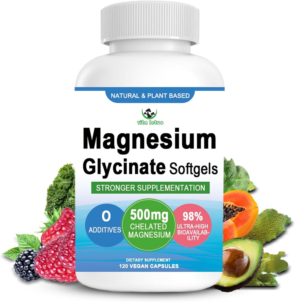 Supplément de glycinate de magnésium, 2 mois Supplément de glycinate de magnésium pur 500mg pour le soutien du sommeil, récupération musculaire, softgel de magnésium Chew haute absorption pour Nerve, coeur et os, végétalien, non OGM