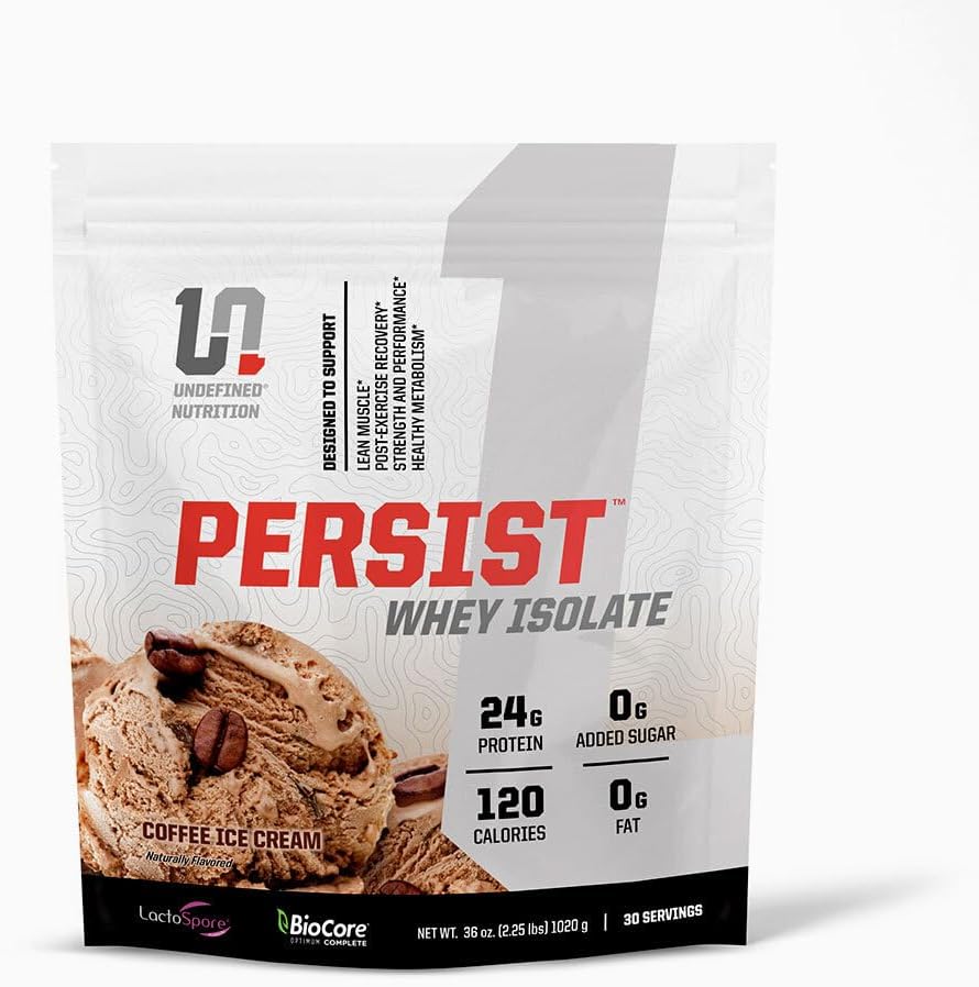 Nutrition indéfinie Persist Whey Isolat par Brian Shaw - 24g Protéines, 30 portions – Soutient la récupération, la force et la performance - Sans gluten, Absorbage rapide (2,18lbs, crème glacée au café)