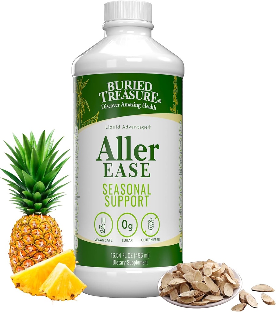 Buried Treasures Aller Ease - 16 fl oz. Liquid Supplement w/ Quercetin, Bromelain, Mullein, Supports Immune, Sinus Comfort, Non-Drowsy Herbal Formula