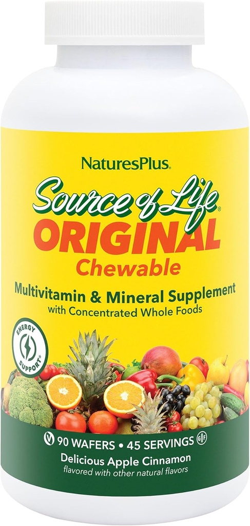 Natures Plus Source of Life Adult Chewable Multivitamin - 90 Vegetarian Wafers - Apple Cinnamon Flavor - Natural Whole Foods Supplement - Overall Health, Energy - Gluten-Free - 45 Servings