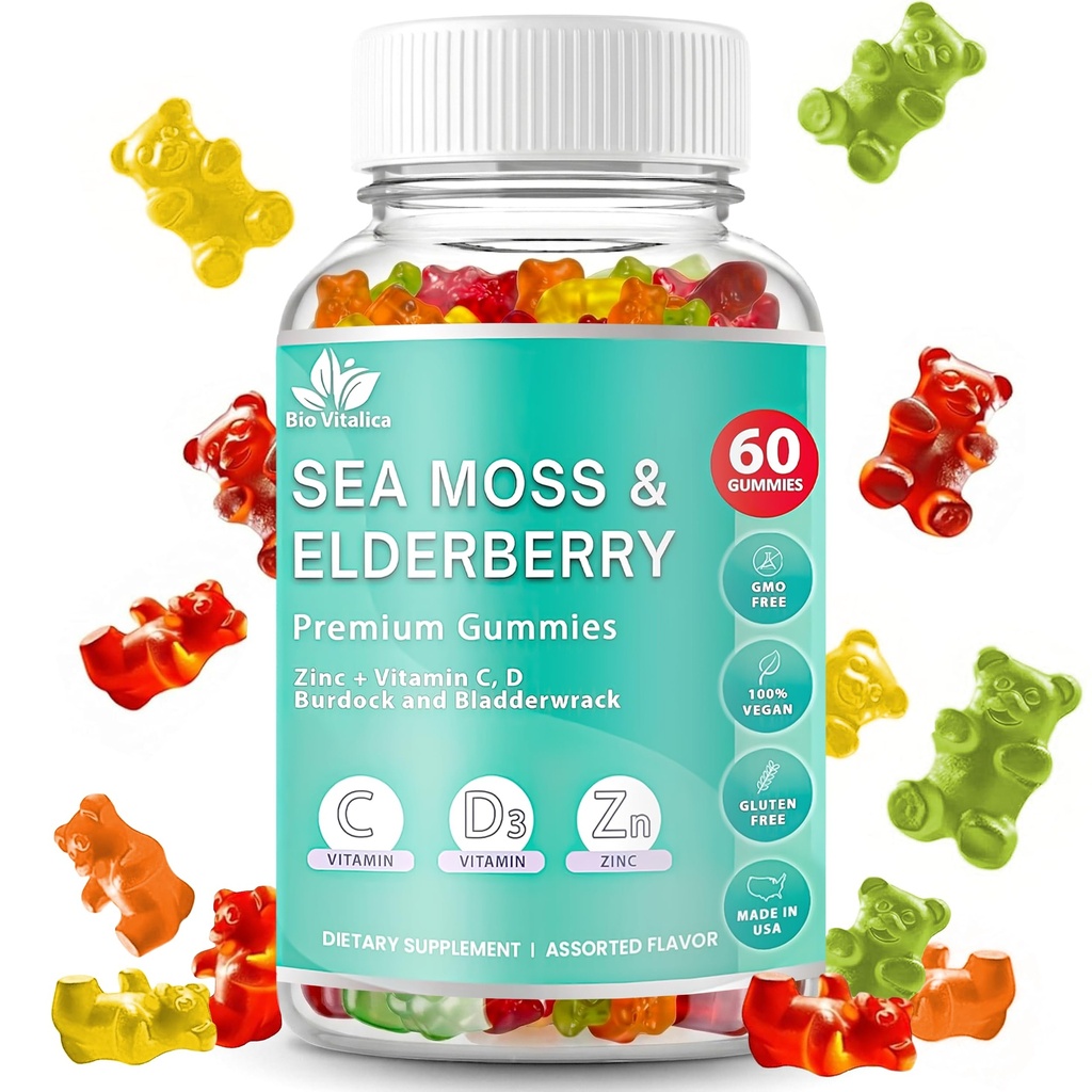BIO VITALICA Gummy de la Mousse de Mer BioVitalica - Vitamine C D + zinc - Gummy de la Mousse de Mer Vegan avec Gel de la Mousse de Mer et Poudre pour Immunité, Detox - pour Adultes et Enfants