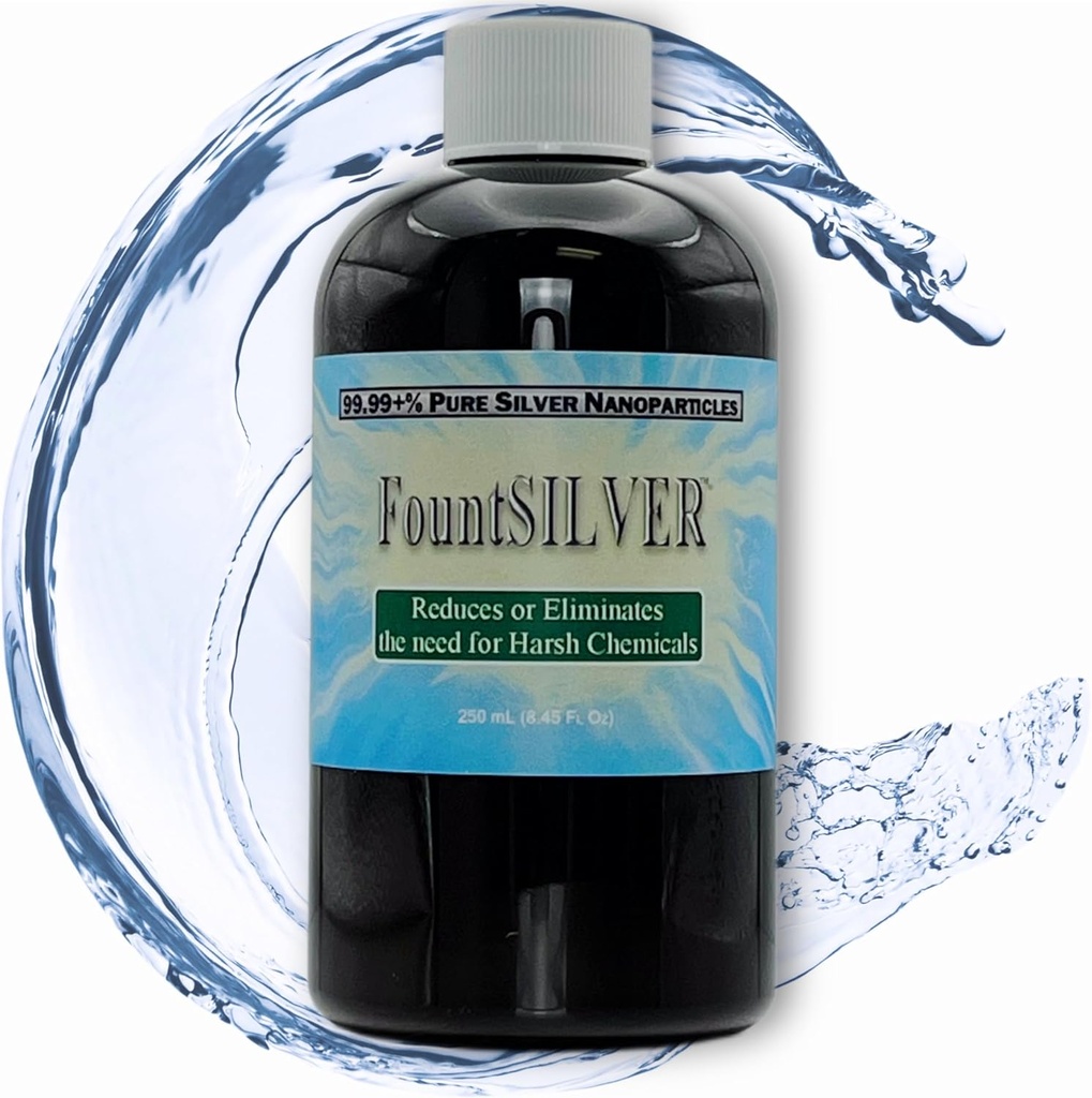 FountSILVER Traitement de l'eau de fontaine - Argent colloïdal véritable concentré - 250 mL (8,45 Fl Oz) dans une bouteille sans BPA ambre
