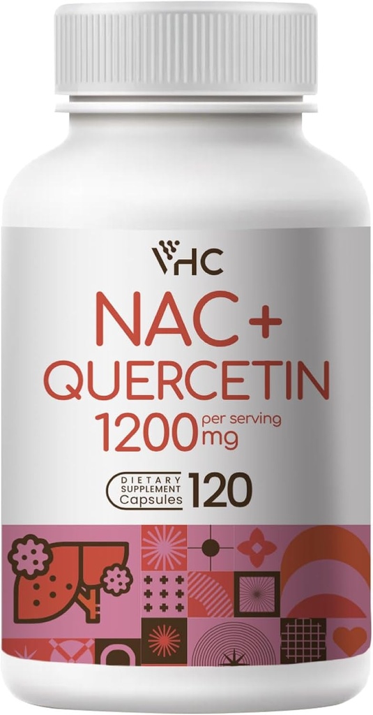 Supplément NAC VHC,Atyl L-Carnitine1200mg Plus Quercetin, Dose Optimum (1200mg + 100mg), 2 en 1 Formule double action N-acétyl-L-Cysteine avec Quercetin, pour Respiratoire, Foie, Immune, Fabriqué aux États-Unis