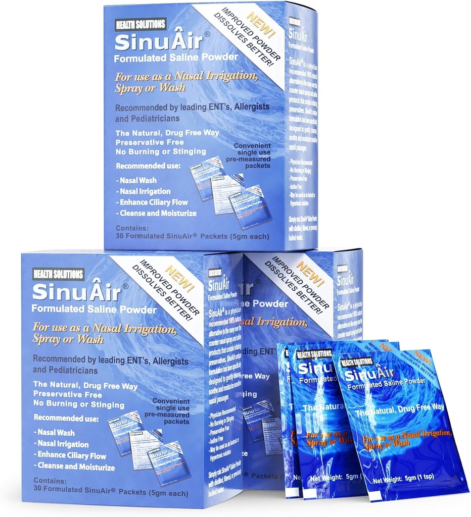 SinuAir Saline Packets pour Rinse Sinus - Solution de sel prémélangé Poudre pour système Elite SinuPulse, Neti Pot, Nez Wash Flacon & Irrigation Nasale, 90 Packets