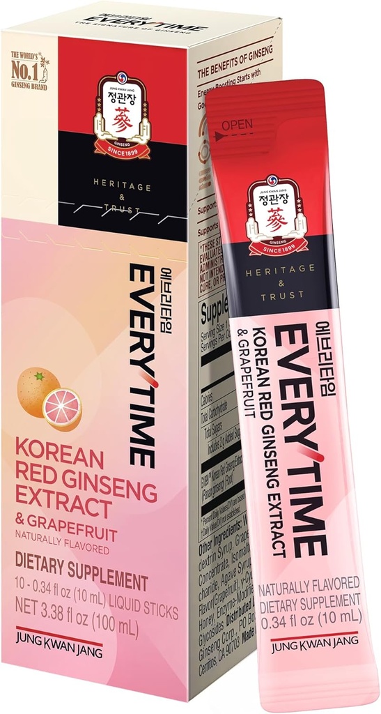JUNG KWAN JANG Chaque fois Coréen Ginseng Rouge Extrait 1000mg & Pamplemousse - Vegan Ginseng Root Energy Buy Liquid Stick Suppléments - Build Stamina & Immunity, No Caffeine (10 Sticks, 0.34 fl oz)