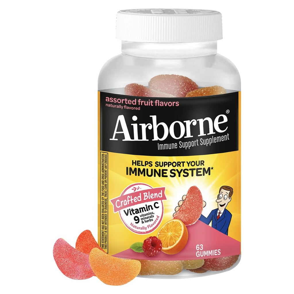 Airborne Immune Support Gummies, Assorted Fruit Flavor, 63 Ct - 750 mg Vitamin C + Vitamins A, D & E + Zinc, Selenium, and Manganese | with Herbal Blend | Naturally Flavored
