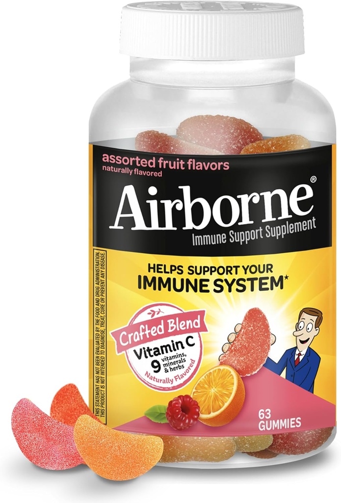 Vitamine C 750mg (par portion) - Gummées aromatisées aux fruits aérés (63 Compte dans une bouteille), supplément de soutien immunitaire sans gluten avec des vitamines A C E, Sélénium, Echinacea & Ginger