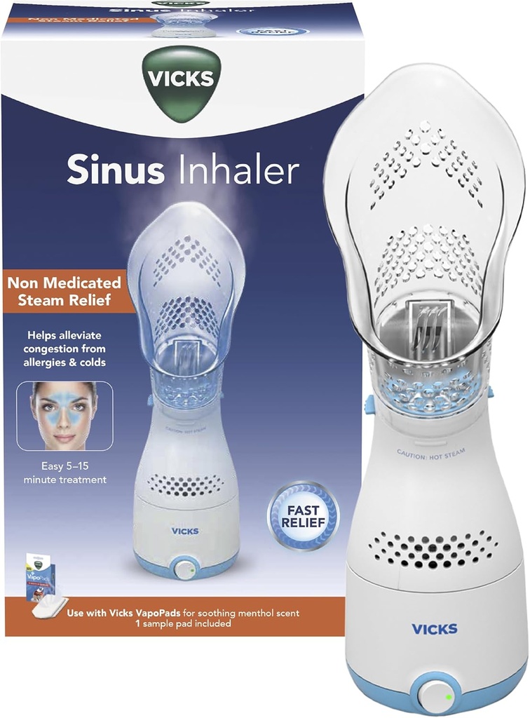 Vicks Sinus Inhaler - Relief de vapeur non médicamenté pour les allergies, la congestion, la toux et les rhumes, le vapeur vocal, les passages apaisants nasaux et de gorge, travaux avec VapoPads (1 Inclus)
