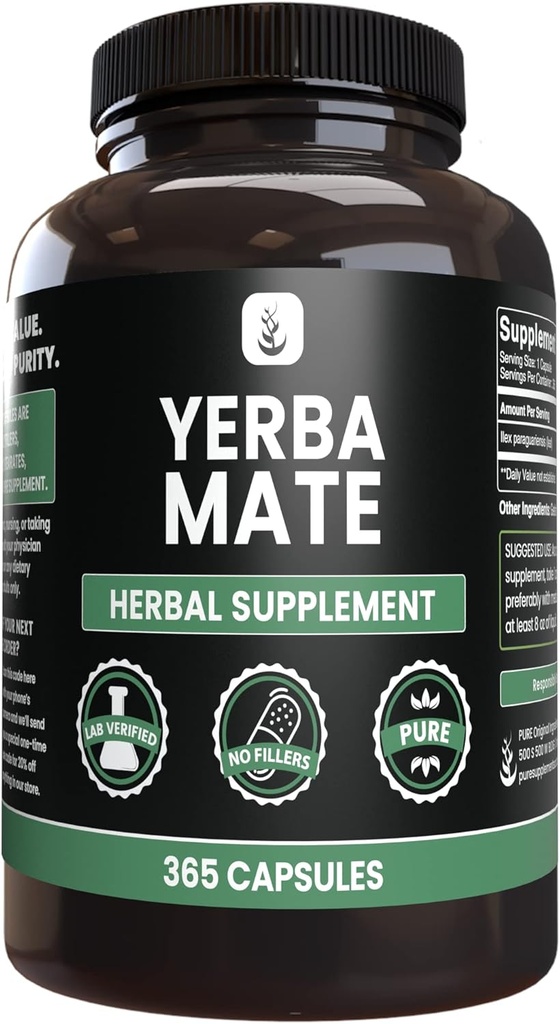 INGRÉDIENTS ORIGINAUX PURE Yerba Mate (365 Capsules), Pas de Magnésium ou de Rincements, Toujours Pure, Verified Lab