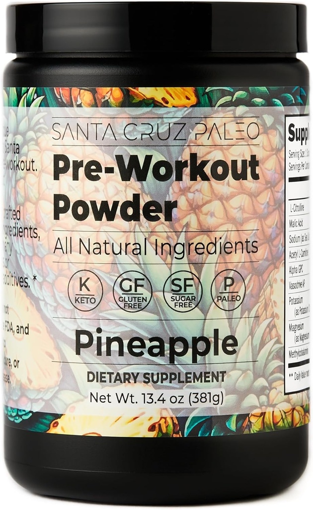 Santa Cruz Paleo Poudre de pré-entraînement Electrolytes, Magnésium, Potassium, Sel de mer & L Citrulline, Caféine & Sucre Sans Pré-entraînement Mélange pour l'énergie et l'hydratation, Arôme d'ananas, 30 portions