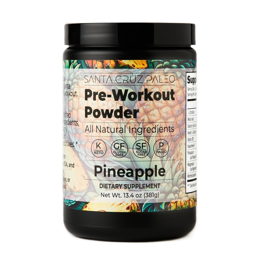 Santa Cruz Paleo Poudre de pré-entraînement Electrolytes, Magnésium, Potassium, Sel de mer & L Citrulline, Caféine & Sucre Sans Pré-entraînement Mélange pour l'énergie et l'hydratation, Arôme d'ananas, 30 portions