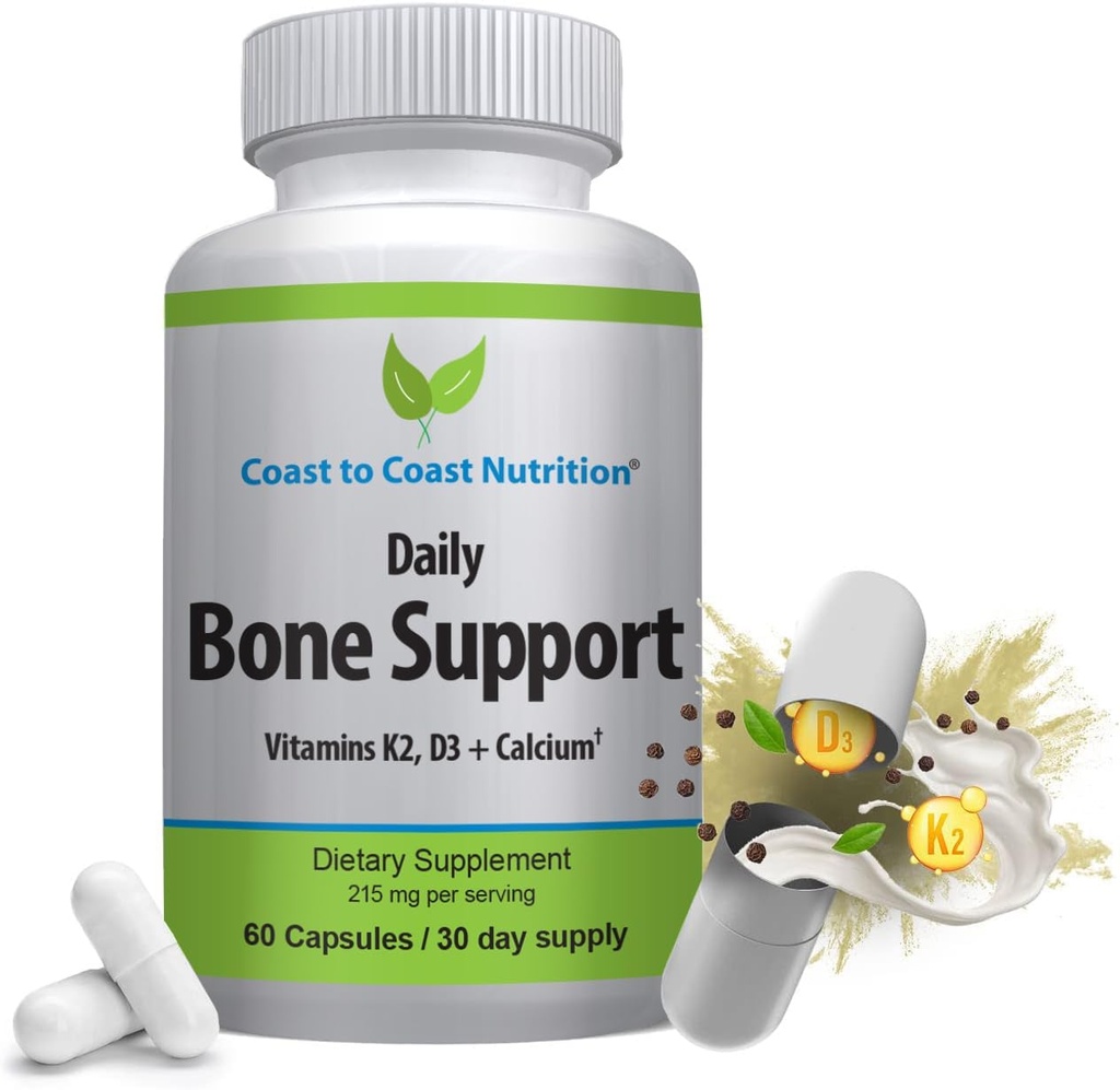 Soutien quotidien aux os : Supplément de calcium avec vitamine D3, K2 - Supplément pour os – idéal pour les personnes âgées, femmes ménopausées, athlètes - 60 capsules végétariennes
