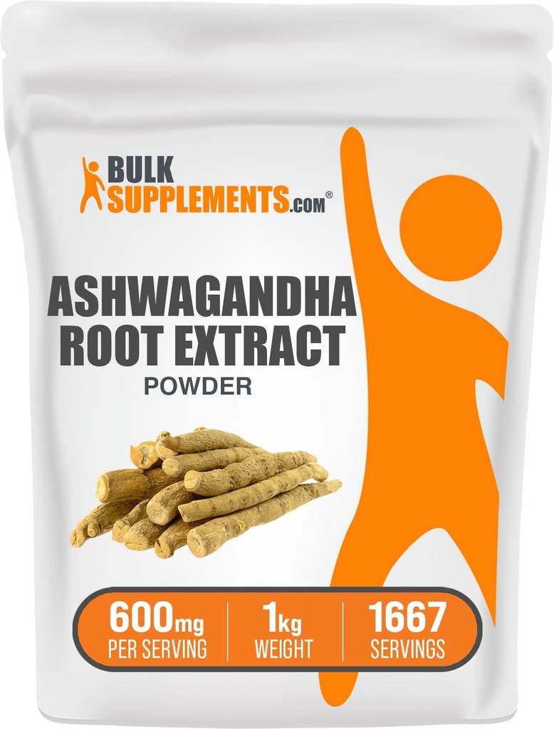 BulkSupplements.com Poudre d'extrait de racine Ashwagandha - supplément Ashwagandha, supplément à base de plantes - végétalien et sans gluten, 600mg par portion, 1kg (2,2lbs) (paquet de 1)
