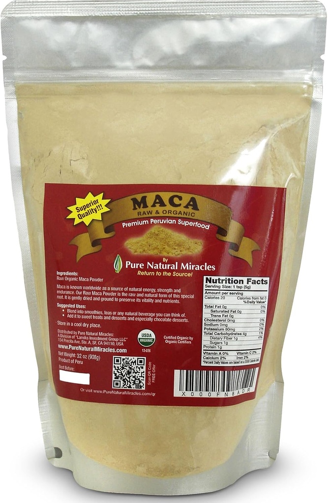 Poudre de racine de maca péruvienne biologique (16 oz) - Superaliments adaptogènes crus et nutritifs - soutient l'énergie, l'équilibre hormonal et l'endurance - Booster sans OGM, sans gluten et sans végétalien