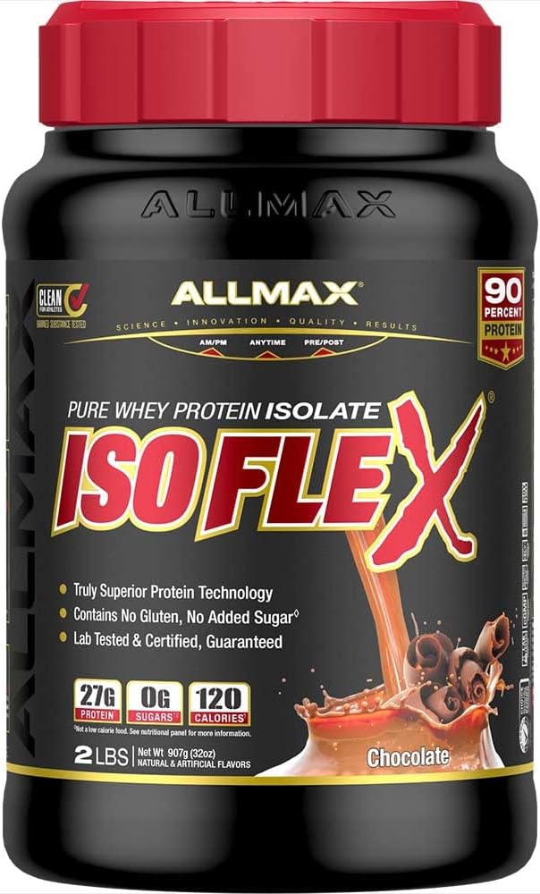 ALLMAX ISOFLEX Isolate de protéines de lactosérum, chocolat - 2 lb - 27 grammes de protéines par scoop - Zéro gras et sucre - 99% Sans lactose - Sans gluten et sans soja - Env. 30 portions