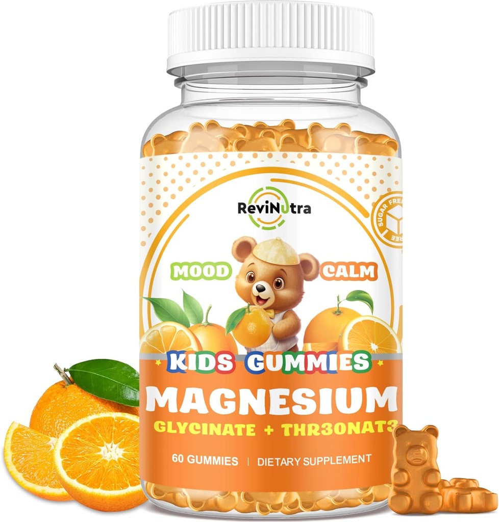 Magnesium Complex Gummies for Kids & Adults- Magnesium Glycinate Supplement- Support Calm Stress Relief, Bones, Mood Vegan- Sugar-Free Orange Flavor, 60 Gummies