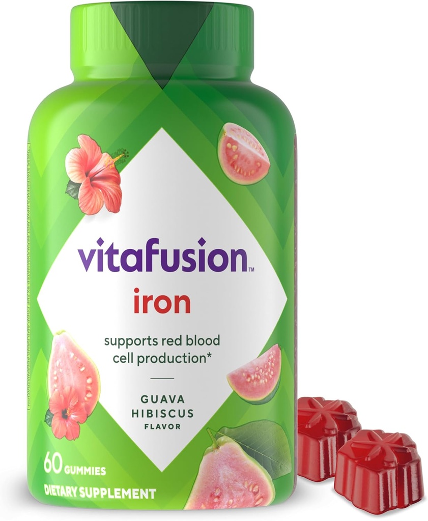 Vitafusion Iron Gummy supplément de vitamine, soutient la production de globules rouges*, Guava Hibiscus Flavor, 30 portions, 60 comtes