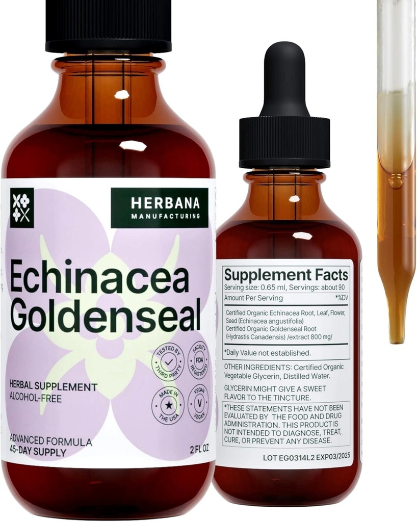 Echinacea and Goldenseal 2 fl oz Liquid Extract - supplément naturel à base de plantes - gouttes de soutien immunitaire - améliorer le sommeil