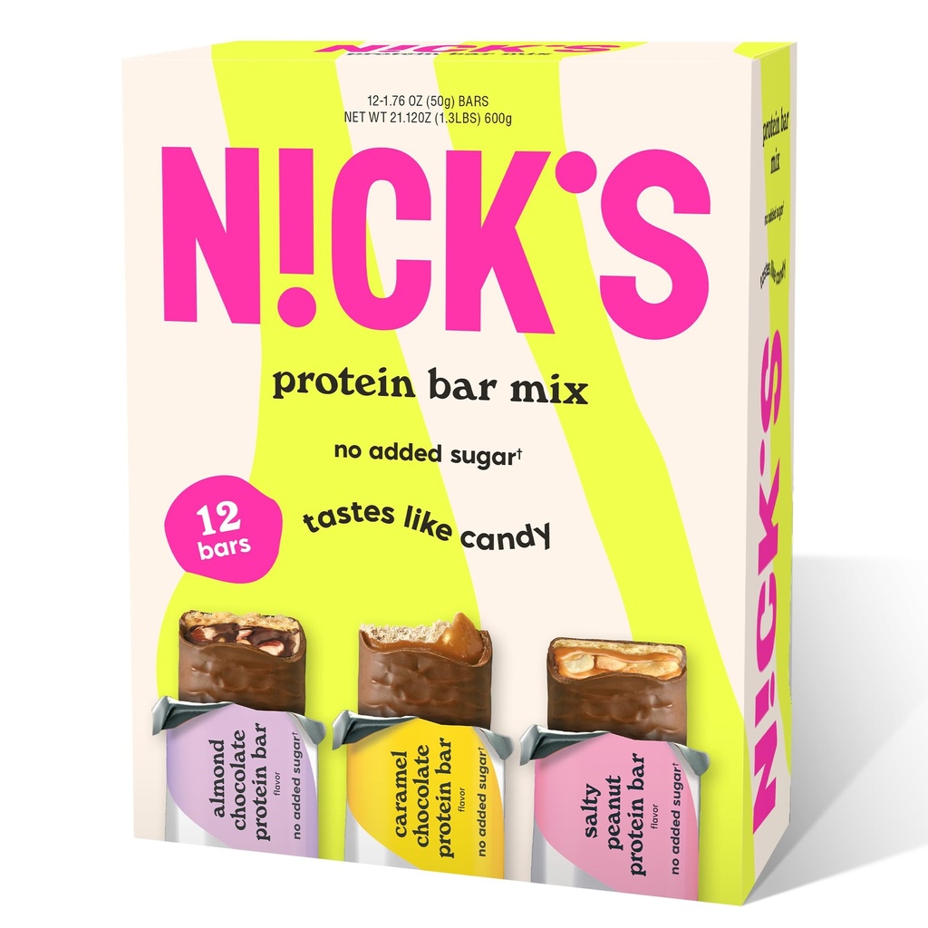 N!CK'S Protein Bars Variety Pack, Protein-Packed Snack, Low Calories, Low Carb Keto Friendly Snacks No Added Sugar, Salty Peanut, Chocolate Caramel and Almond Chocolate (12 Pack)