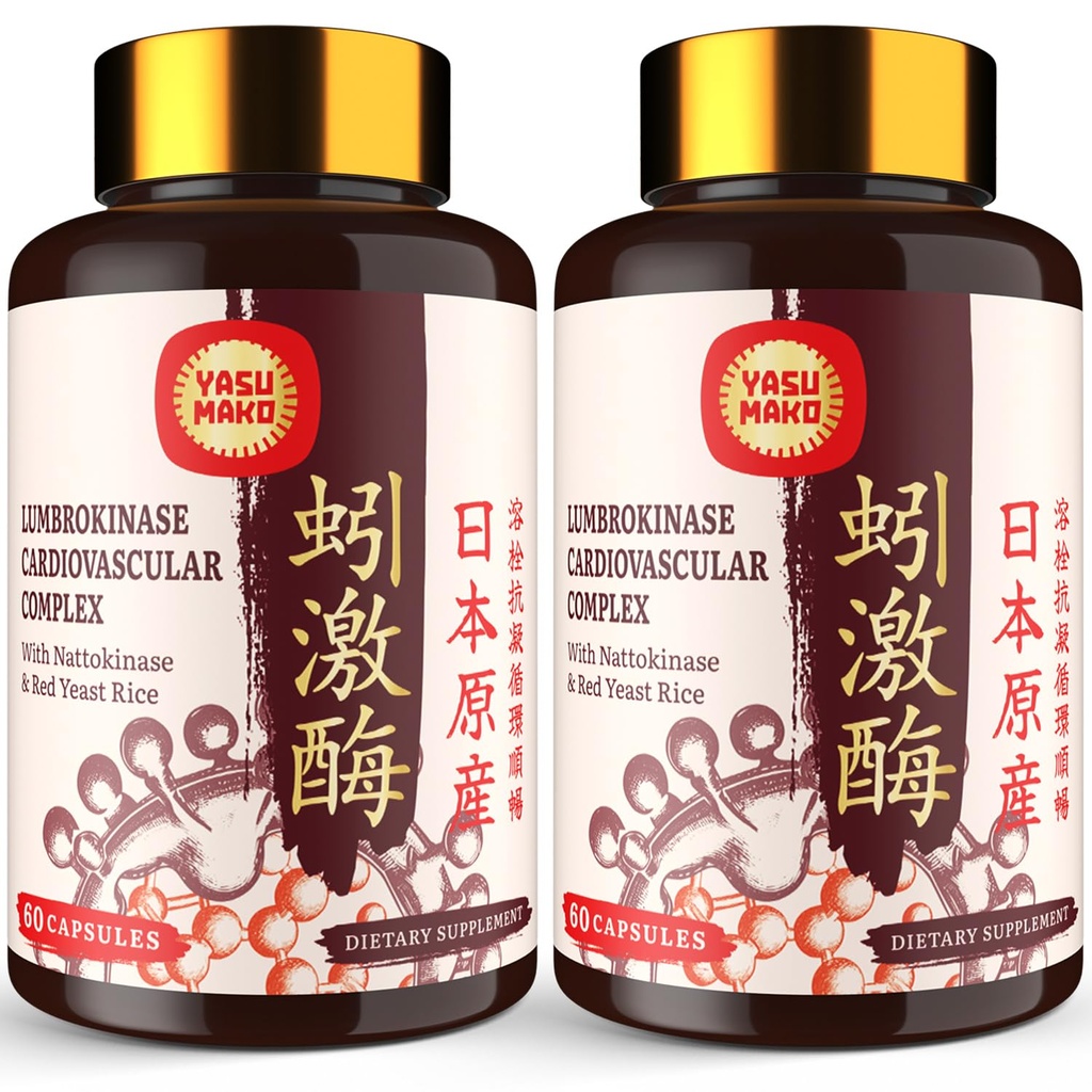 Lumbrokinase 100mg (Max Activity 1,000,000 LKU),Nattokinase 100mg-2,000 FU d'activité et riz de levure rouge 300mg, Supplément enzymatiques de lumbrokinase pour la circulation,Cognition,120 Capsules(Pack of 2)