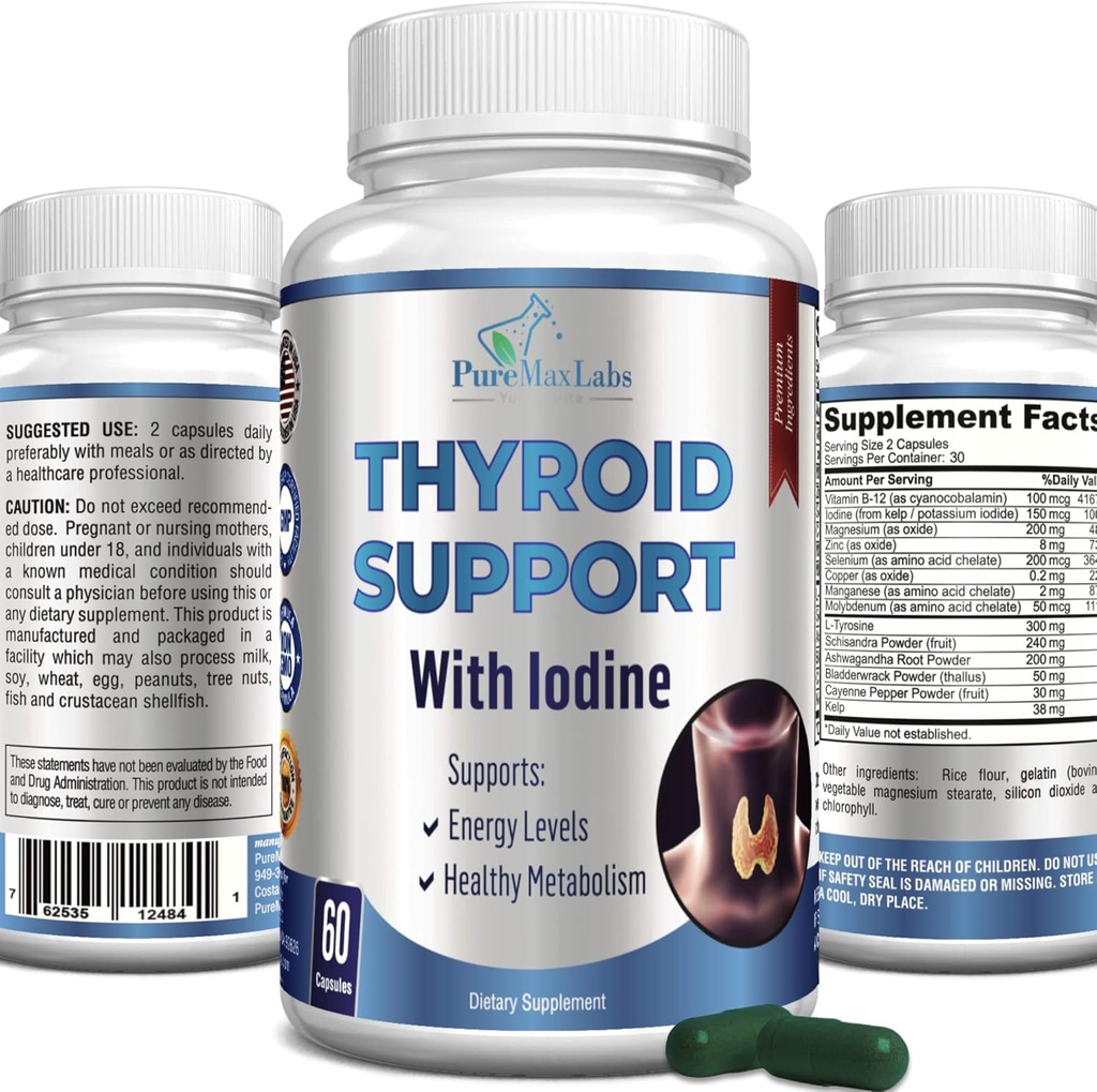 Support thyroïdien avec Iodine - Booster de métabolisme, Booster d'énergie, Augmenter la concentration - Supplément thyroïdien non-OGM Premium 60 Capsules