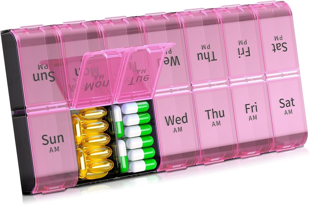 Daviky XL Large Weekly Pill Organizer 2 fois par jour, Extra Big 7 Day Pill Box AM PM, Daily Pill Case Medicine Organizer avec 14 compartiments, Day Night Container pour les huiles de poisson, vitamine, supplément