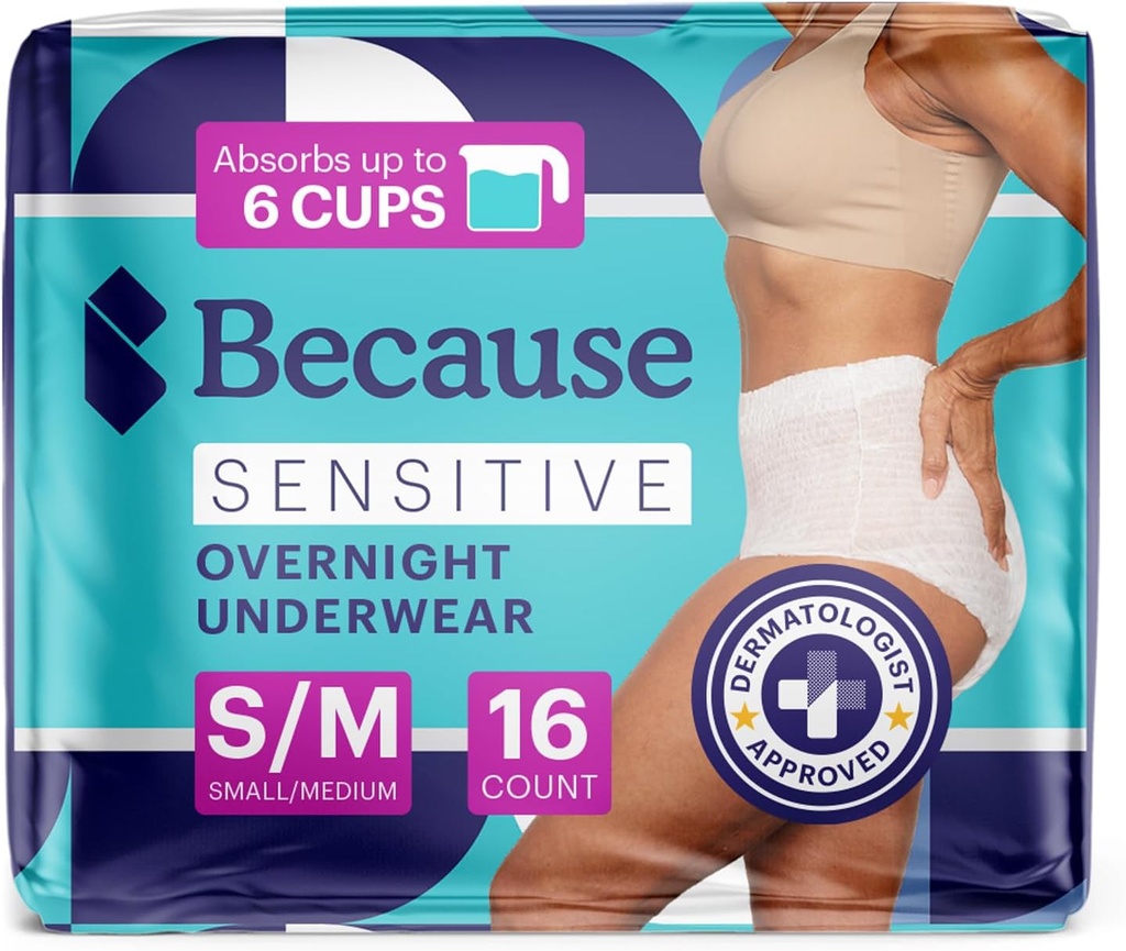 Parce que l'incontinence des adultes sous-vêtements pour la peau sensible - Femmes - Slips jetables de nuit premium, anti odor - blanc, petit/moyen - Absorbe 6 tasses - 16 Compte (paquet de 1)