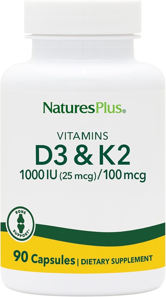 NaturesPlus Vitamines D3 (1000 UI) et K2 (100 mcg) - Végétarien, Sans gluten - 90 Capsules, 90 portions