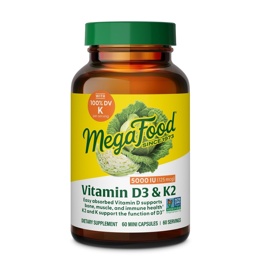 Megafood Vitamine D3 5000 UI (125 mcg) - Suppléments végétariens avec vitamine D3 K2 - Soutient les os, les dents, les muscles et la santé immunitaire - Non-OGM certifié - 60 Mini Capsules, 60 portions