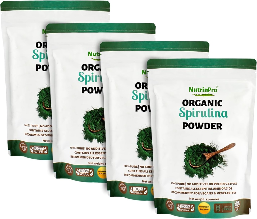 Four Pack en poudre Spiruline pour jus et mélange smoothy; 100% naturel, USDA biologique et sans gluten, avec haute teneur en protéines, vitamines, antioxydants et minéraux (12 onces) (4)