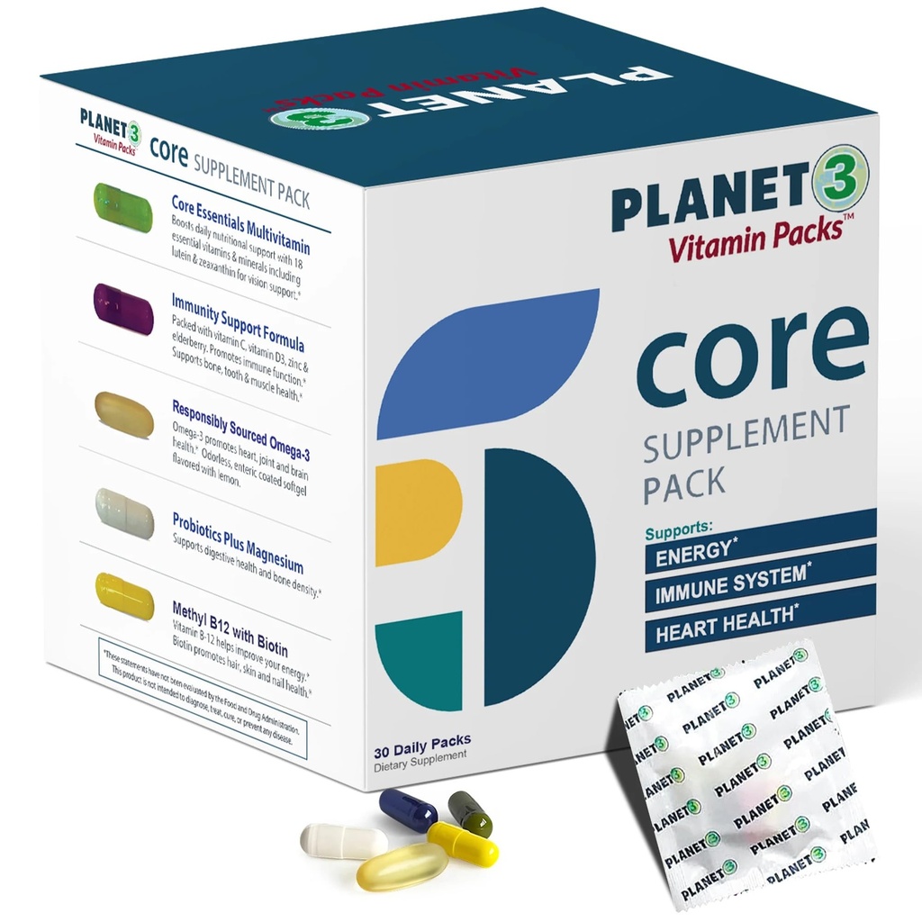 Packs vitaminiques quotidiens pour les hommes et les femmes – Soutien immunitaire avec la baie d'eau, vitamine C, zinc et D3 – Multivitamine avec Oméga-3 pour la santé cardiaque, probiotiques, méthyl B12, biotine, lutéine et zéaxanthine – Planète 3