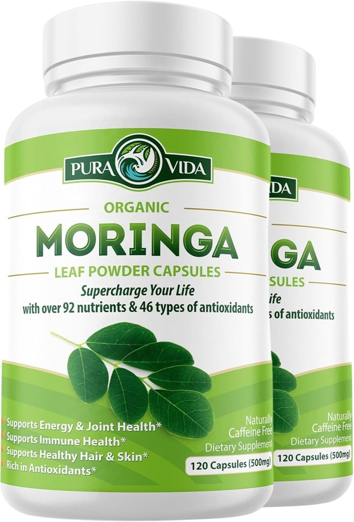 PURA VIDA MORINGA Capsules en poudre de moringa biologique d'origine unique. Moringa Leaf. Énergie, métabolisme, et soutien immunitaire. 120ct. 500mg Caps. (Pack de 2)