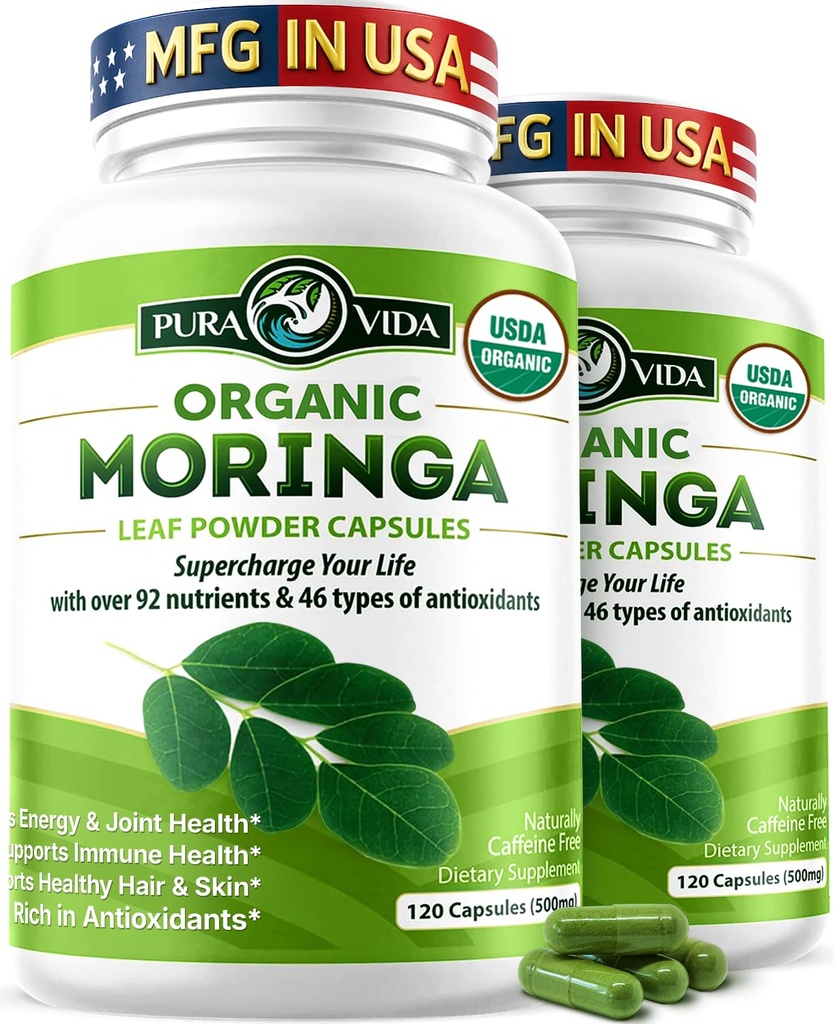 PURA VIDA MORINGA Capsules en poudre de moringa biologique d'origine unique. Moringa Leaf. Énergie, métabolisme, et soutien immunitaire. 120ct. 500mg Caps. (Pack de 2)