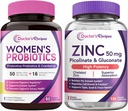Recettes du médecin Femmes Probiotiques & Zinc Bundle, Digestive, Vaginal et Urinaire, Protection naturelle immunitaire, Libération différée Capsules Probiotiques 60ct & Zinc Capsules 120 ct