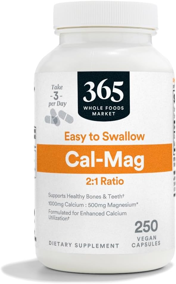 365 par Marché des aliments entiers, rapport Cal-Mag 2:1, Capsules végétaliennes faciles à avaler, 250 Nombre