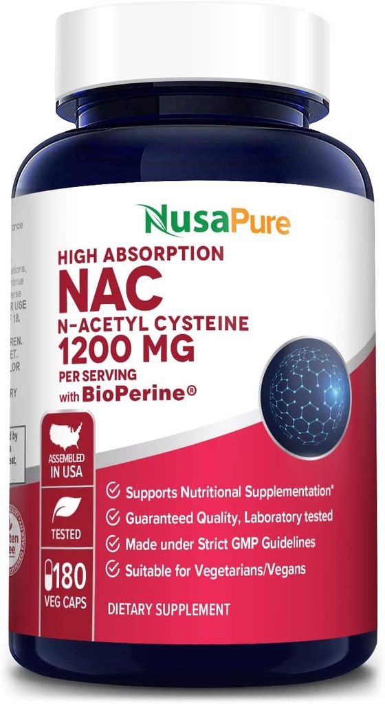NusaPure N-acétyl Cysteine (NAC) 1200mg 180 Caps végétatifs (végétarien, non-OGM, sans gluten) Biopérine