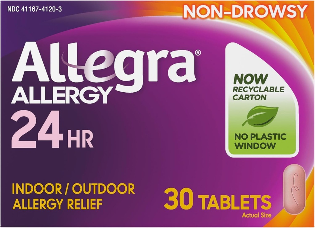 Allegra Adulte 24HR Antihistaminique non somnolent, 30 comprimés, soulagement des symptômes allergiques à action rapide, 180 mg