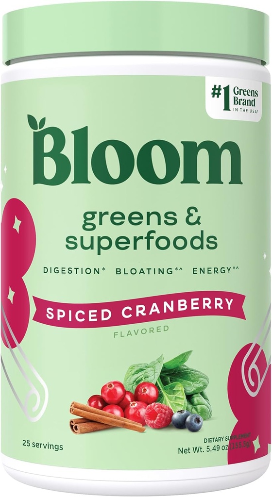 Bloom Nutrition Superfood Greens Poudre, enzymes digestives avec probiotiques et prébiotiques, Gut Health, Bloating Relief pour les femmes, Chlorella, Mélange de jus vert avec racine de betterave, 25 SVG, canneberge épicée