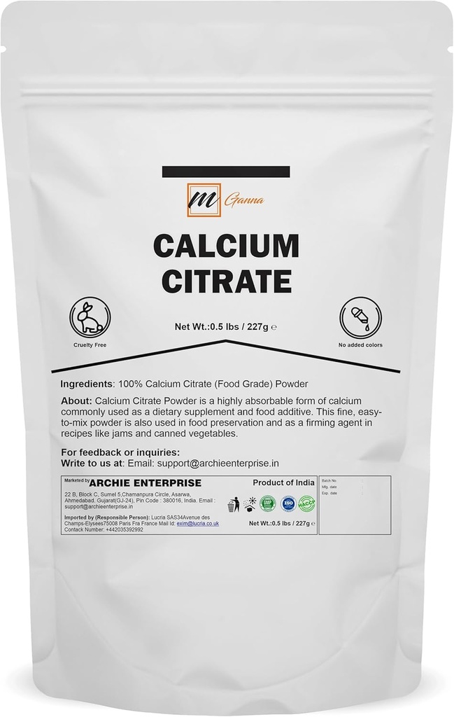 Citrate de calcium 100 % Poudre (catégorie alimentaire) Polyvalente, très absorbante Source de calcium 0,5 lb/ 227 g