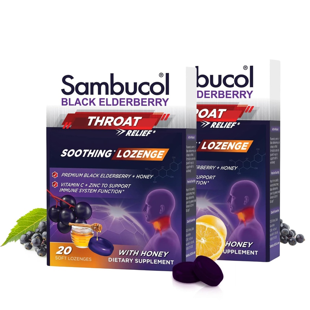 Lozenge de la gorge de la mûre aînée noire de Sambucol - avec miel, vitamine C et zinc, lozanges de la mûre aînée Gorge et toux, gorge apaisante, douce et croustillante - 2 paquets (40 pastilles totales)