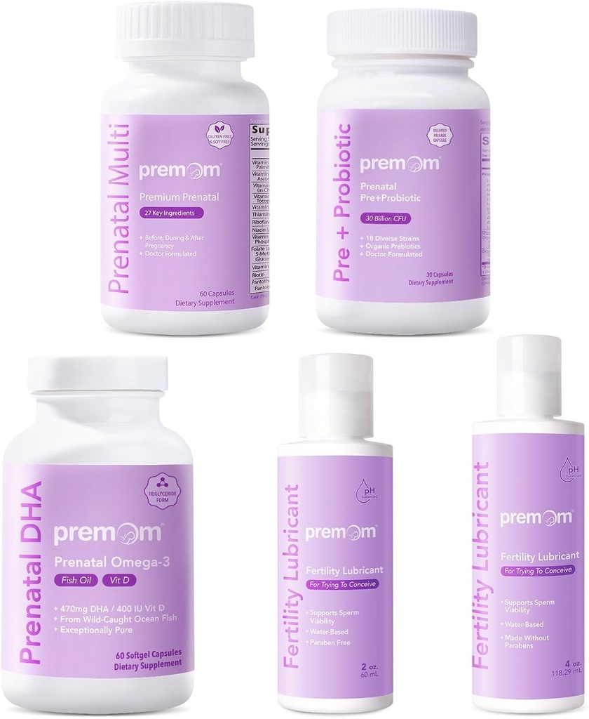Multivitamines prénatales pour femmes + Huile de poisson DHA prénatale + Prénatale et probiotiques + Lubrifiant de fertilité personnelle pour la conception 2 & 4 Fl Oz