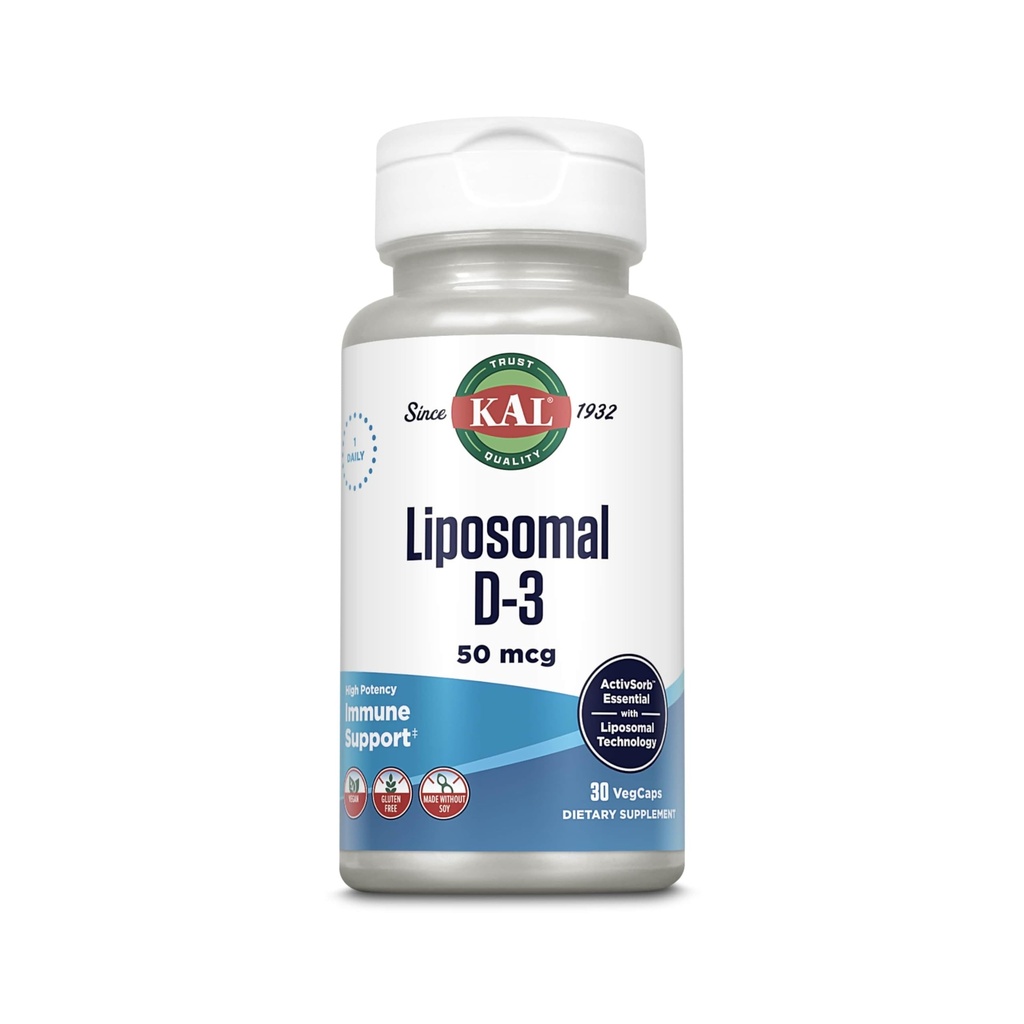 KAL Liposomal Vitamin D3 50 mcg, High Absorption Vitamin D, Liposomal Technology, High Potency Immune Support, Vegan Capsules, Gluten Free, No Soy, 30 Servings