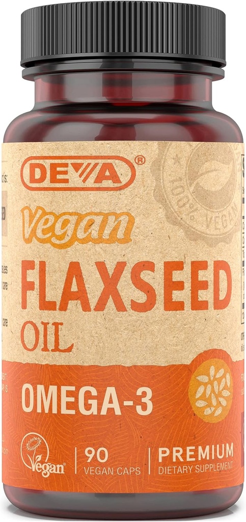 Deva Vegan Omega-3 Supplément à l'huile de lin - 1000 MG par portion - pressé à froid et non raffiné - Huile de poisson Alternative - avec Omega-3 ALA - 90 capsules, 1-pack