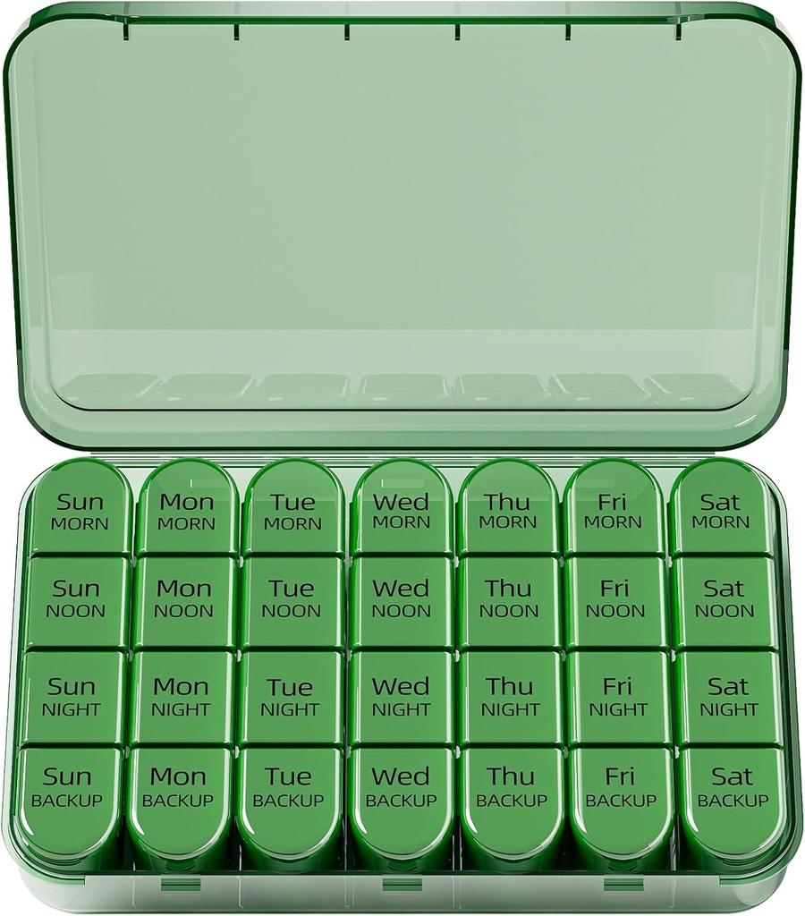 Odaro Weekly Pill Organizer 4 fois par jour, boîte à pilules quotidienne 7 jours, grand cas de pilule de voyage avec 28 compartiments pour tenir la médecine, la vitamine et le supplément - olive pleine