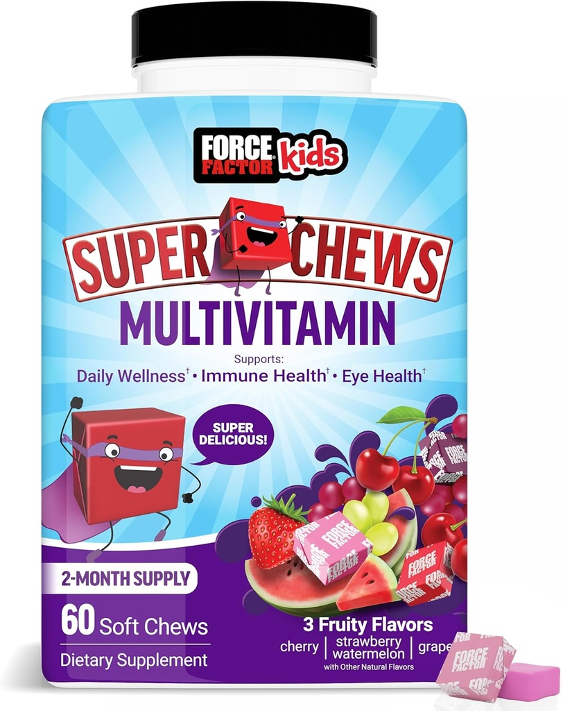 Facteur de force Enfants Multivitamine Super Chews, Vitamines pour soutenir le mieux-être, la santé immunitaire, la santé oculaire, et plus avec 18 vitamines, minéraux, et antioxydants, 2 mois d'approvisionnement, Multi-arôme, 60 Chews doux