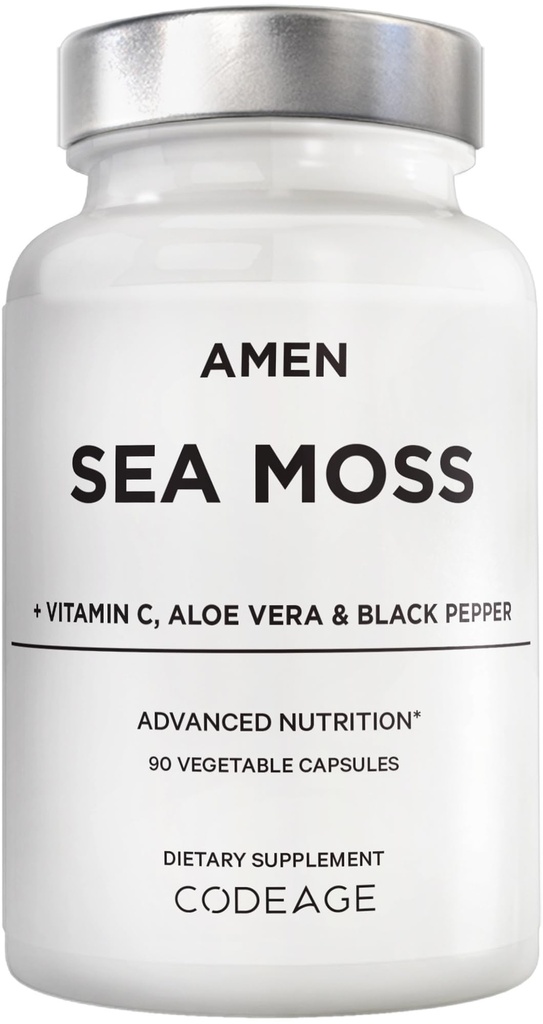 Amen Sea Moss Supplement - 1000mg Organic Irish Sea Moss, Bladderwrack, Burdock - Vitamin C, Aloe Vera, Black Pepper - Seaweed Superfood, Vitamins, Minerals, and Antioxidants - Non-GMO - 90 Capsules