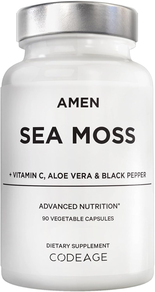 Supplément de mousse de mer d'Amen - 1000 mg de mousse de mer d'Irlande biologique, Bladderwrack, Burdock - Vitamine C, Aloe Vera, poivre noir - Superfood d'algues, vitamines, minéraux et antioxydants - Non-OGM - 90 capsules